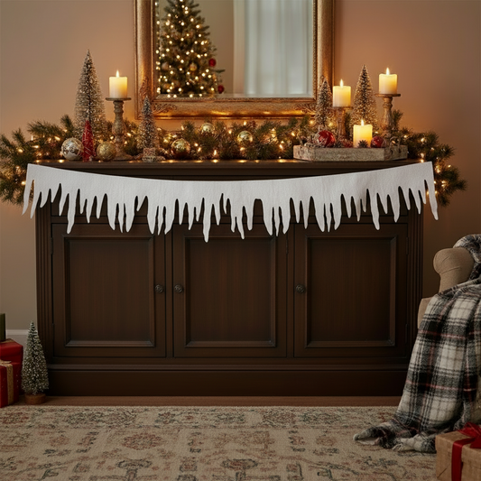 A package of white artificial icicle fringe for Christmas decoration, displayed against a black background with a visible section of the fringe outside the package.