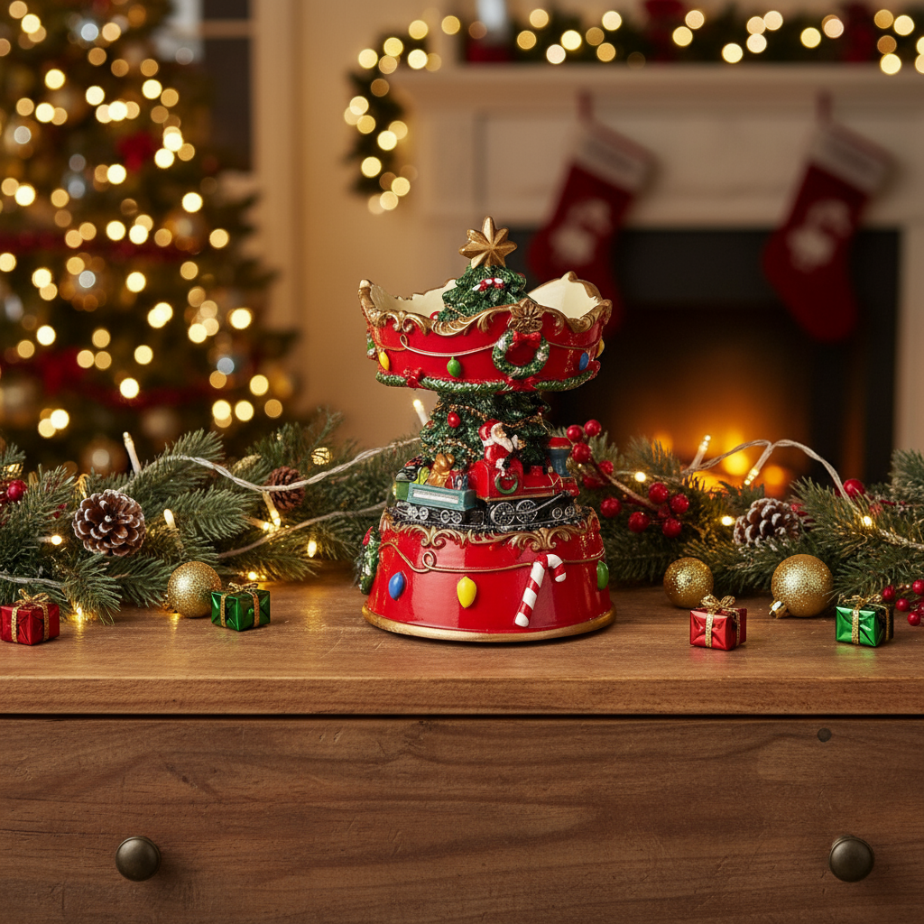 A decorative Christmas ornament featuring Santa Claus sitting on a train with a spinning base, decorated with a Christmas tree and festive elements.