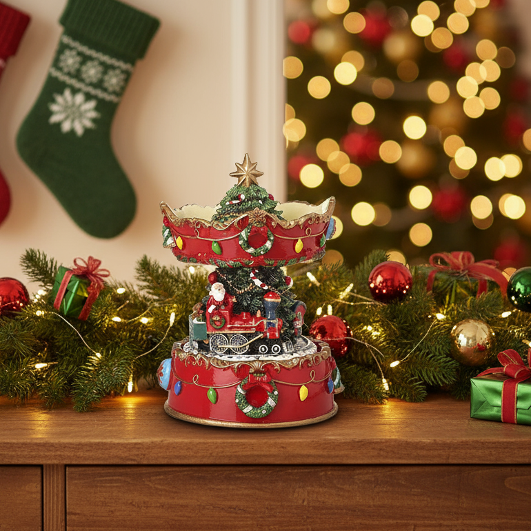 Decorative Christmas-themed candy dish with Santa Claus, reindeer, and train on a white background