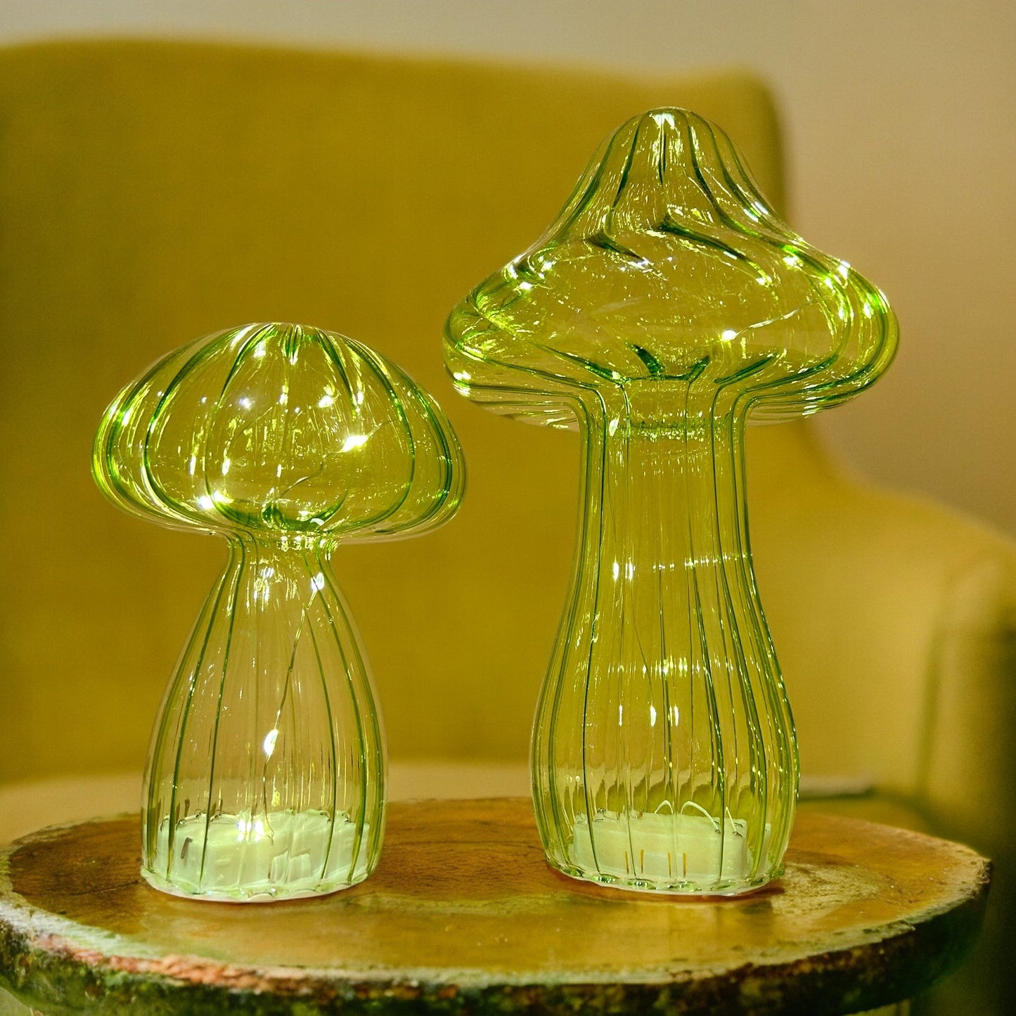 Micro LED Green Glass Mushroom Decoration 25cm