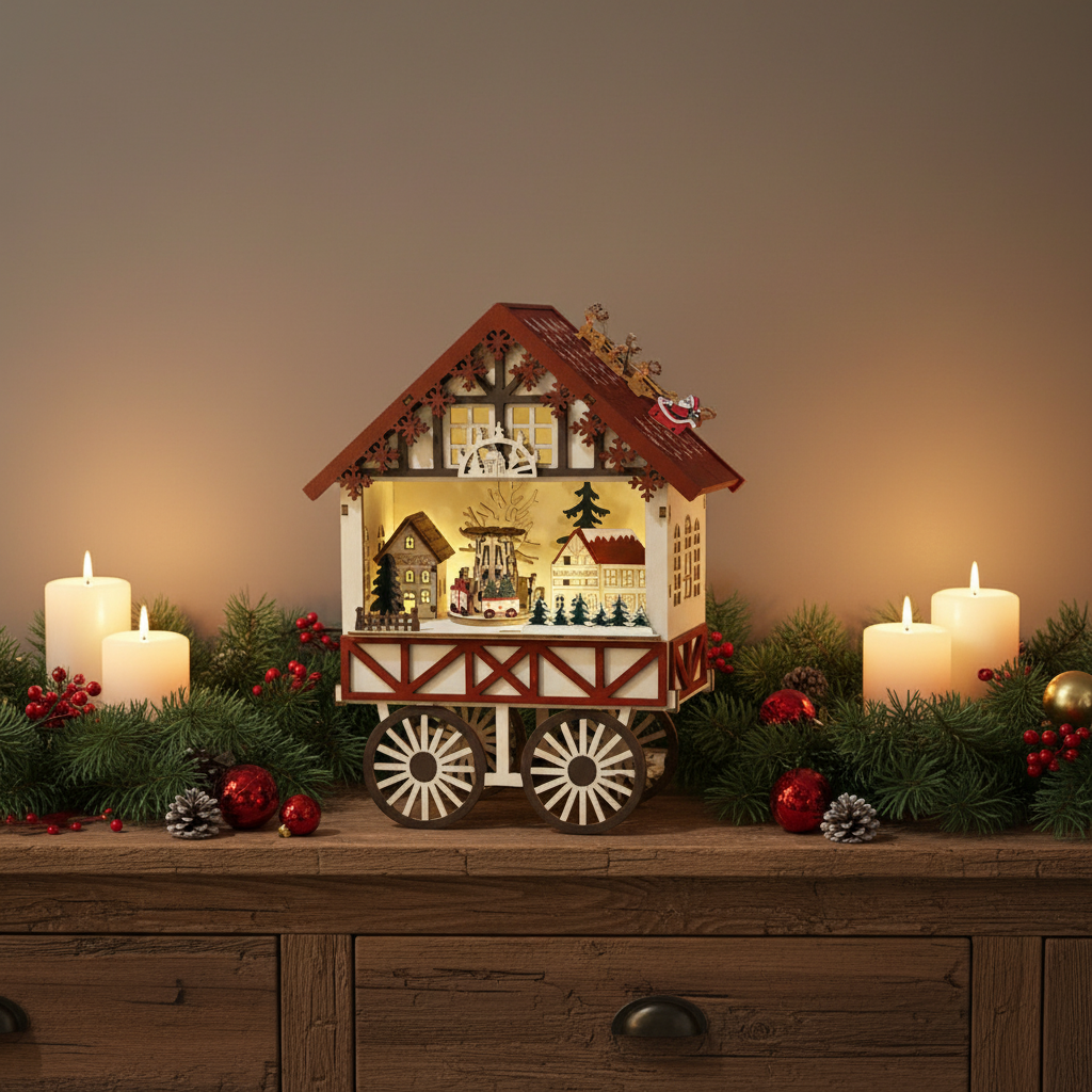 Wooden Cart And market Scene Light Up Christmas Decoration