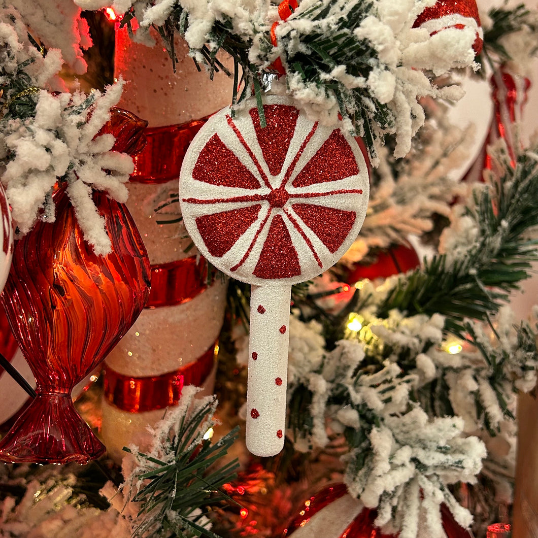 Red and White Glitter Lollipop Hanging Decoration