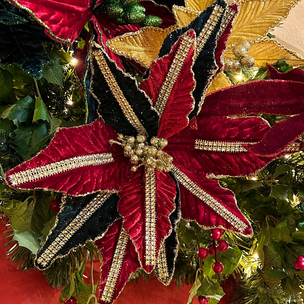 Red and Green Poinsettia with Gold Sequin Stem 67cm