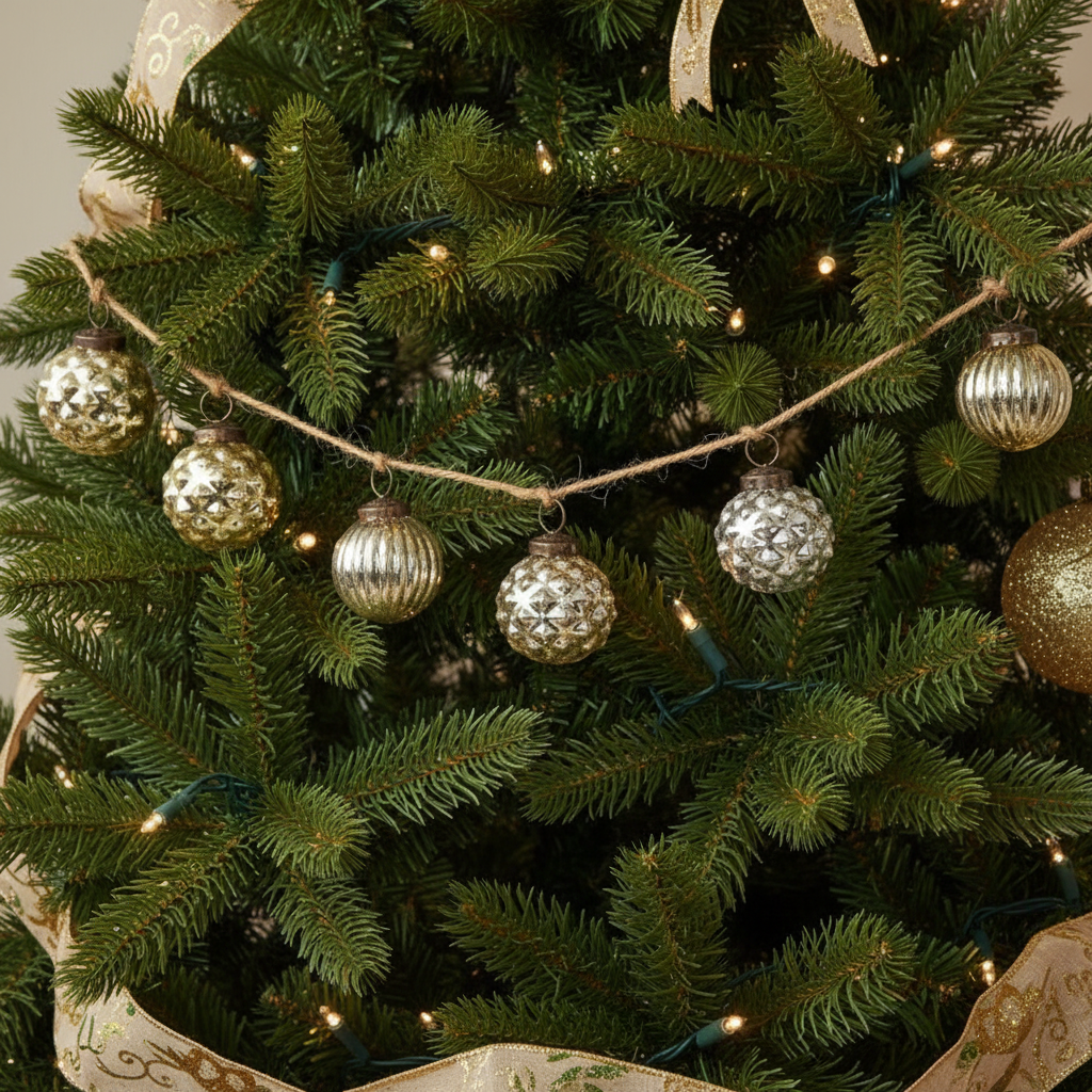 Decorative Christmas tree with silver and gold ornaments and lights.