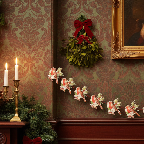 A die-cut and embossed paper garland featuring repeated motifs of a robin and holly, with a length of 3 meters and a height of 17.5 cm.