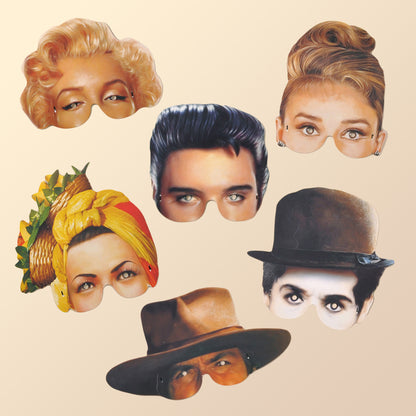 Set of vintage-style masks with different hairstyles and accessories on a beige background