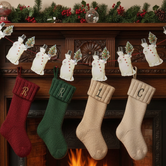A paper garland featuring multiple motifs of snowmen with Christmas trees, strung on a red string, displayed against a neutral background.