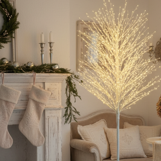 A white microdot Christmas twig tree with warm white LED lights, displayed against a dark background