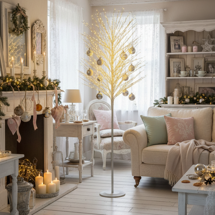A white microdot Christmas twig tree with warm white LED lights, displayed against a dark background