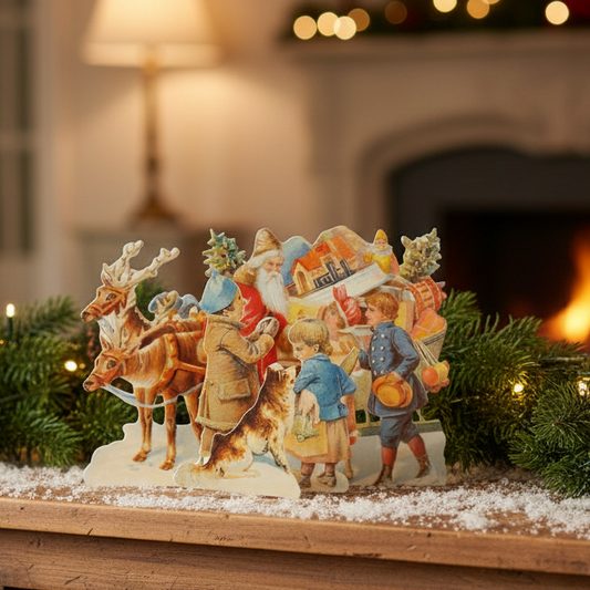 A 3D Christmas card featuring an illustration of Father Christmas, a reindeer, and two children on a sleigh, with a Victorian-inspired design.