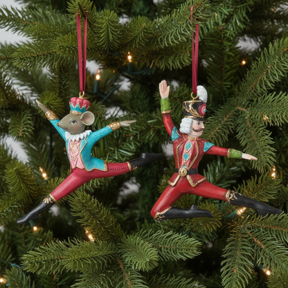 Two Christmas ornaments of a mouse and a toy soldier on a decorated tree.