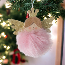 Load image into Gallery viewer, Wooden Christmas Angel Pink Fur Snowball Hanging Decoration
