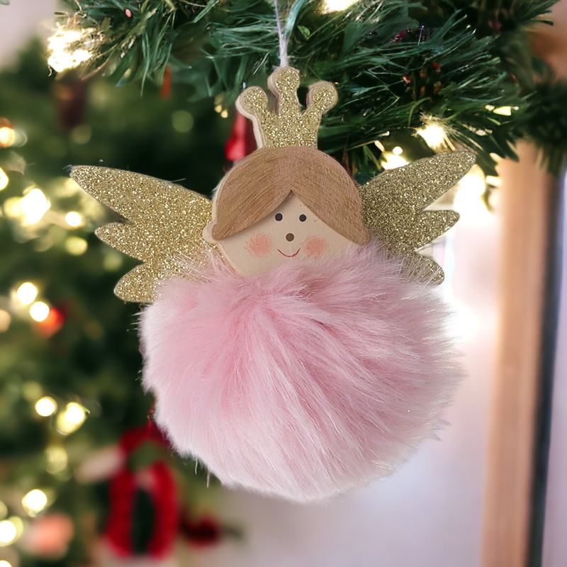 Wooden Christmas Angel Pink Fur Snowball Hanging Decoration