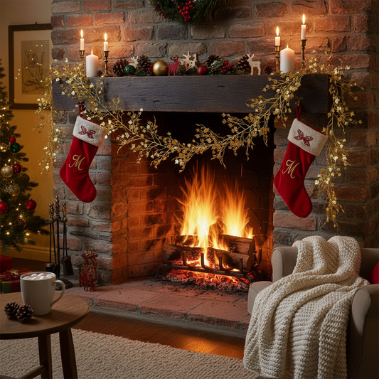 Cozy living room with a fireplace, stockings, and Christmas decorations.