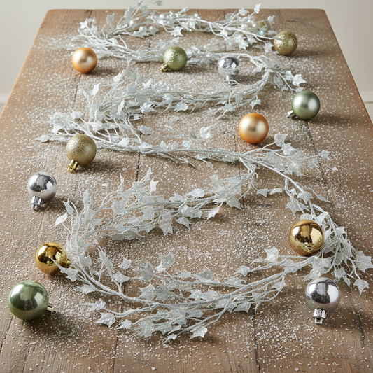 Decorative garland with gold and silver ornaments on a wooden surface