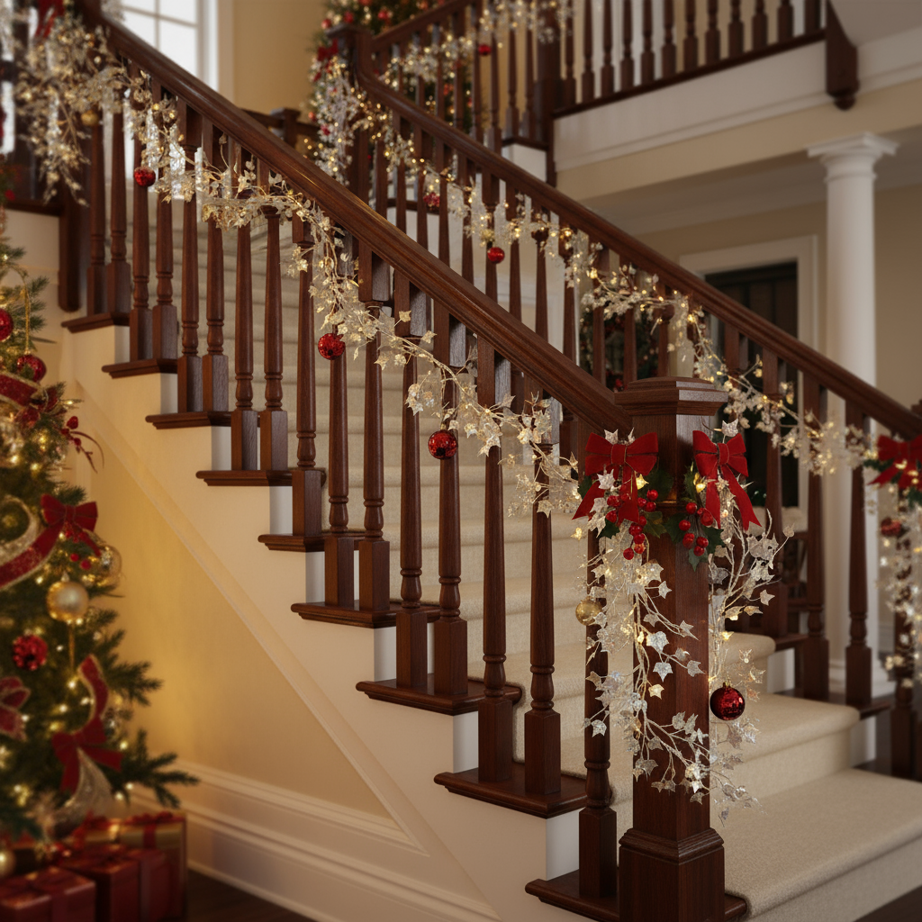 Decorative staircase with Christmas lights and ornaments in a home setting.