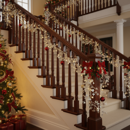 Decorative staircase with Christmas lights and ornaments in a home setting.
