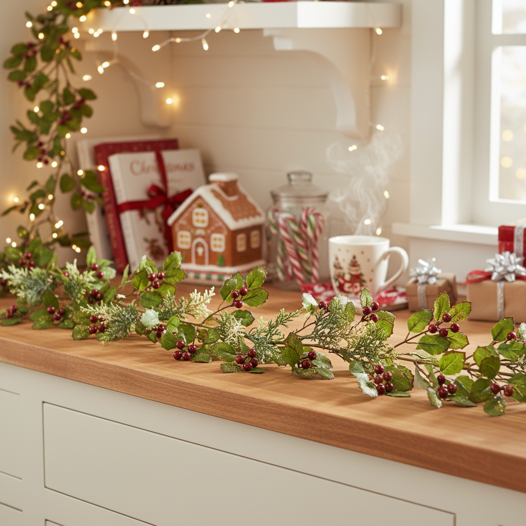 Decorative Christmas garland on a kitchen counter with festive items in the background.