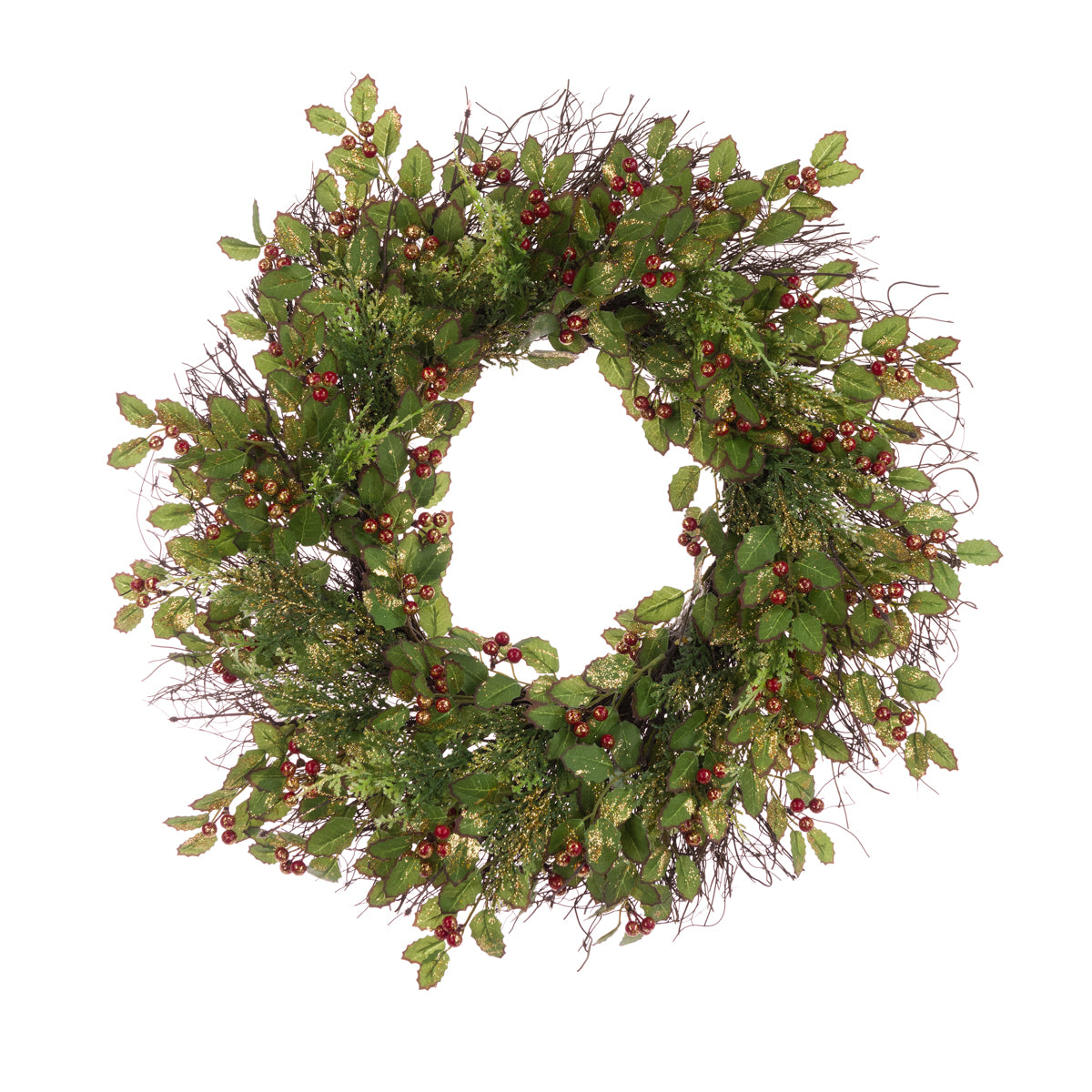 Green wreath with red berries on a white background