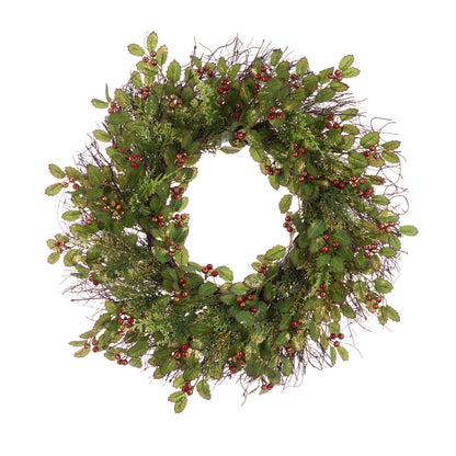 Green wreath with red berries on a white background
