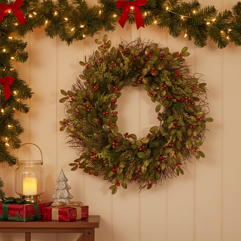 Christmas wreath with berries and red ribbons on a wall with festive decor.