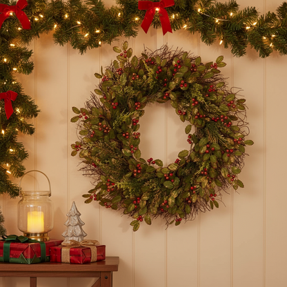 Christmas wreath with berries and red ribbons on a wall with festive decor.