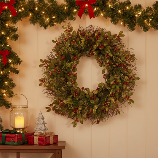 Christmas wreath with berries and red ribbons on a wall with festive decor.