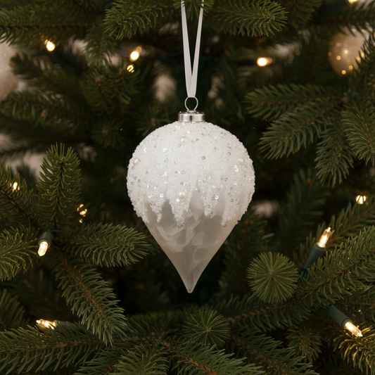 White textured Christmas ornament hanging on a tree with lights.