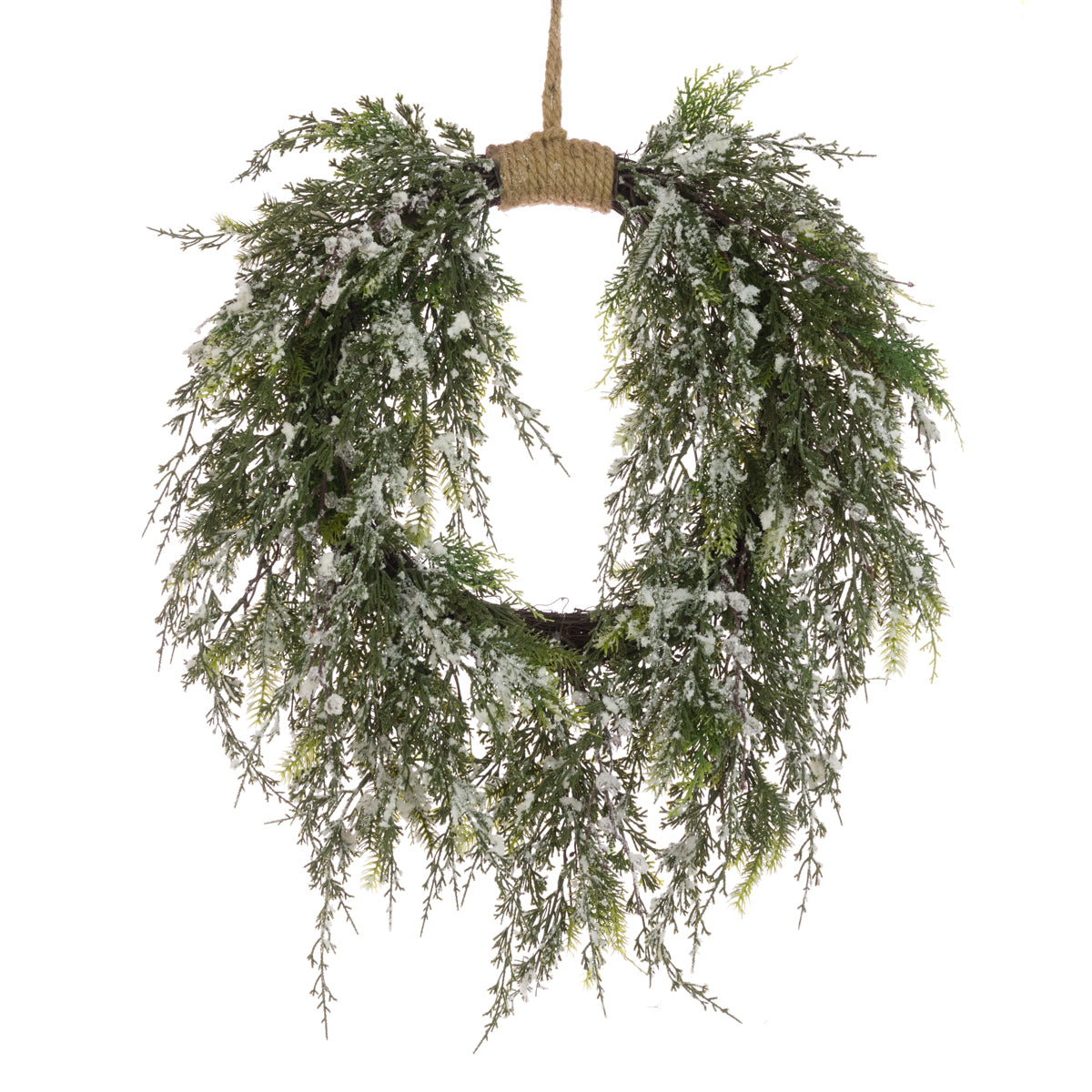 Hanging wreath with greenery and white flowers on a white background