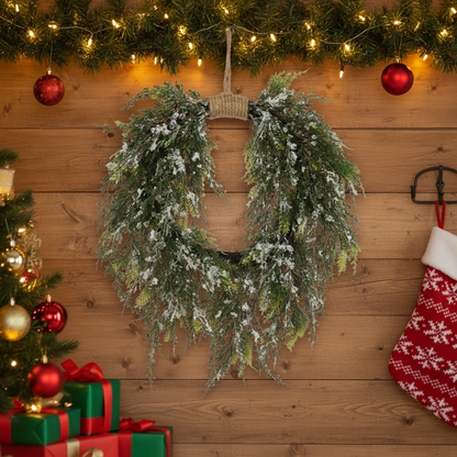 Snowy Cedar Jute Christmas Wreath 64cm