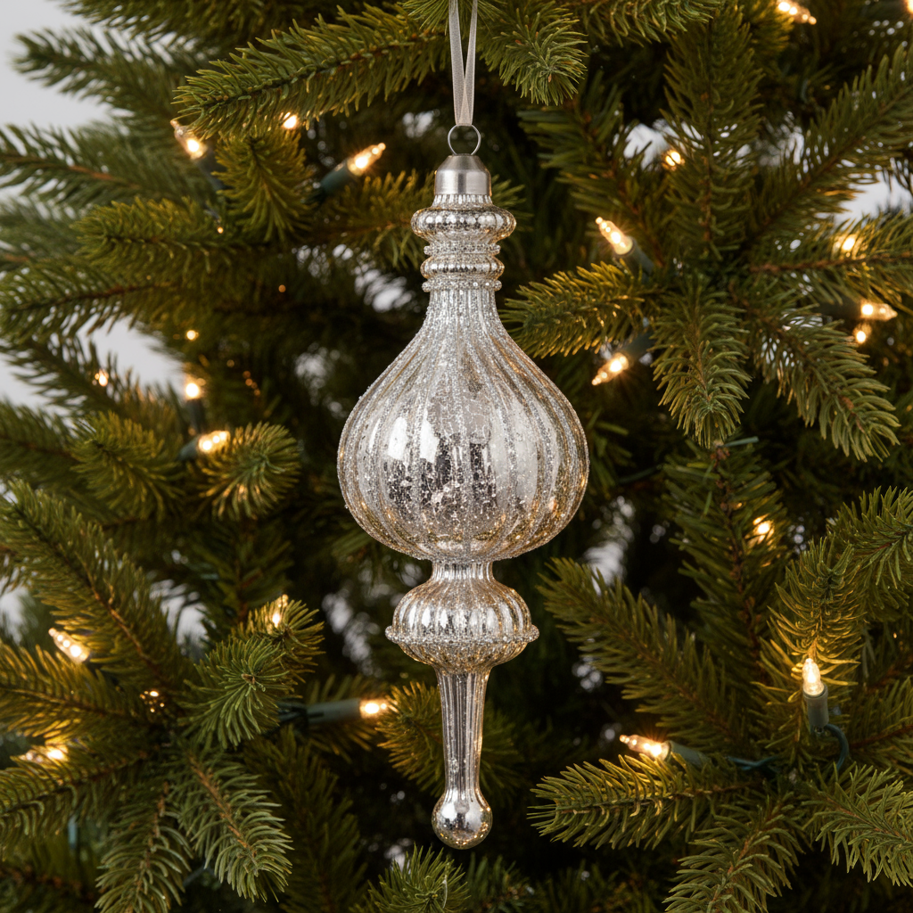 Silver Glass Aged Effect Fancy Finial Christmas Bauble 21cm