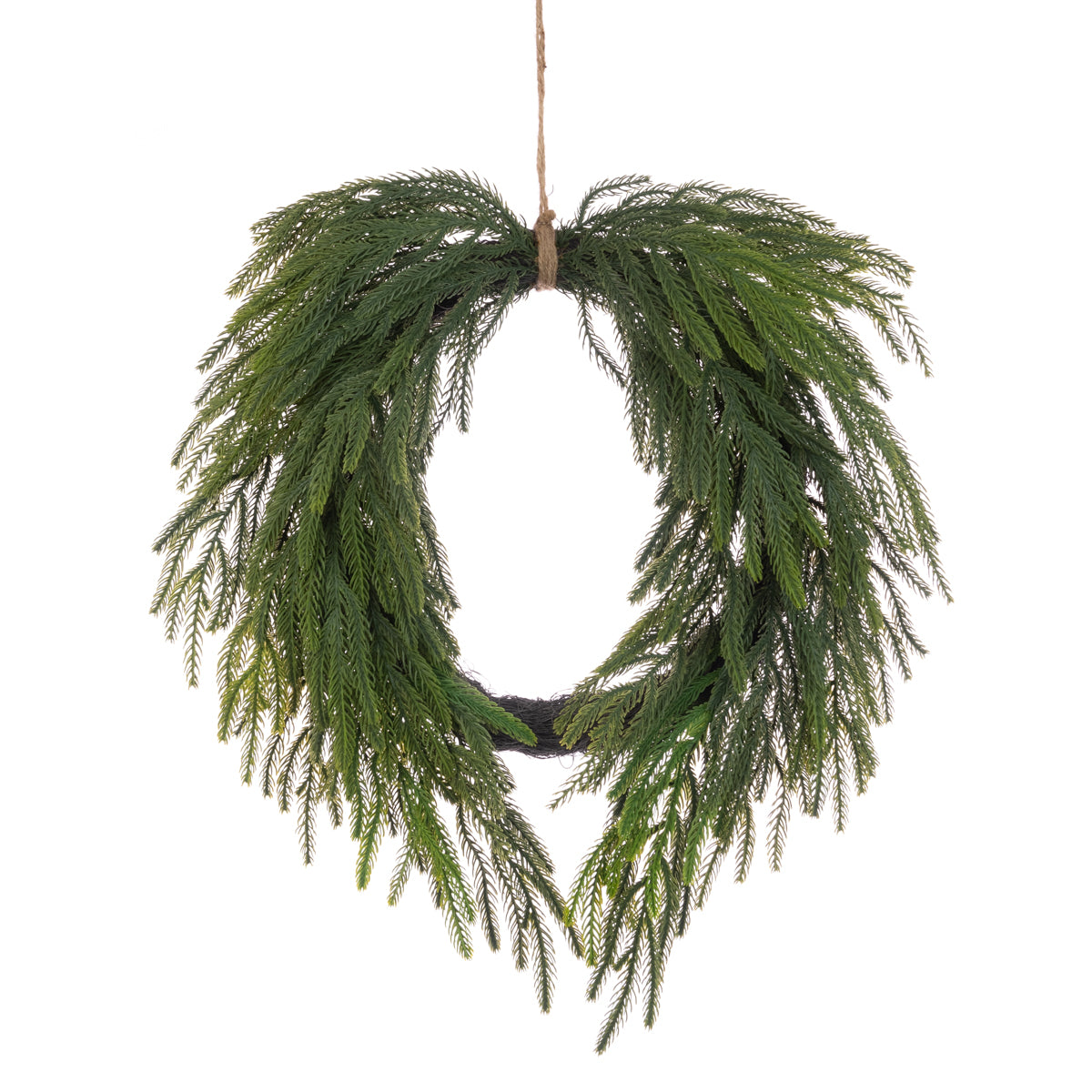 Green wreath with a brown hanging cord on a white background