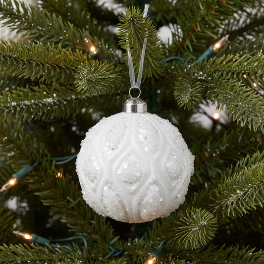 White Sequin Design Glass Christmas Bauble 10cm