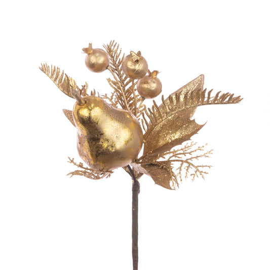 Decorative gold floral arrangement with berries on a white background