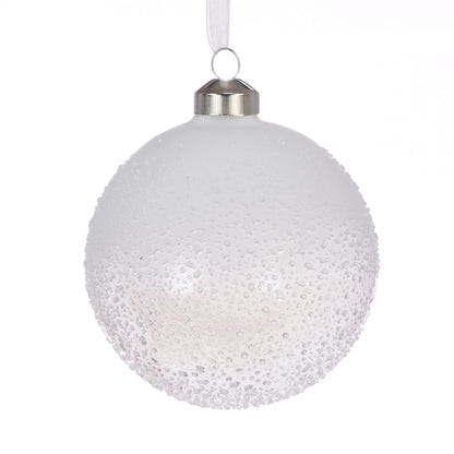 White textured Christmas ball ornament with silver base on a white background