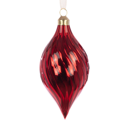 Red glass ornament with gold cap on a white background