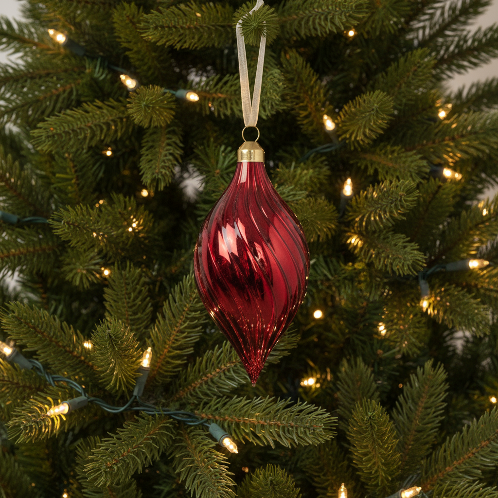 Red glass ornament hanging on a decorated Christmas tree with lights.