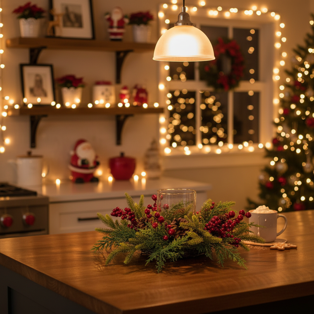 Cozy kitchen with Christmas decorations, including a tree and lights, on a wooden counter.