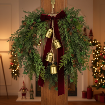 Decorative wreath with gold bells and a red ribbon on a wooden door, festive background.