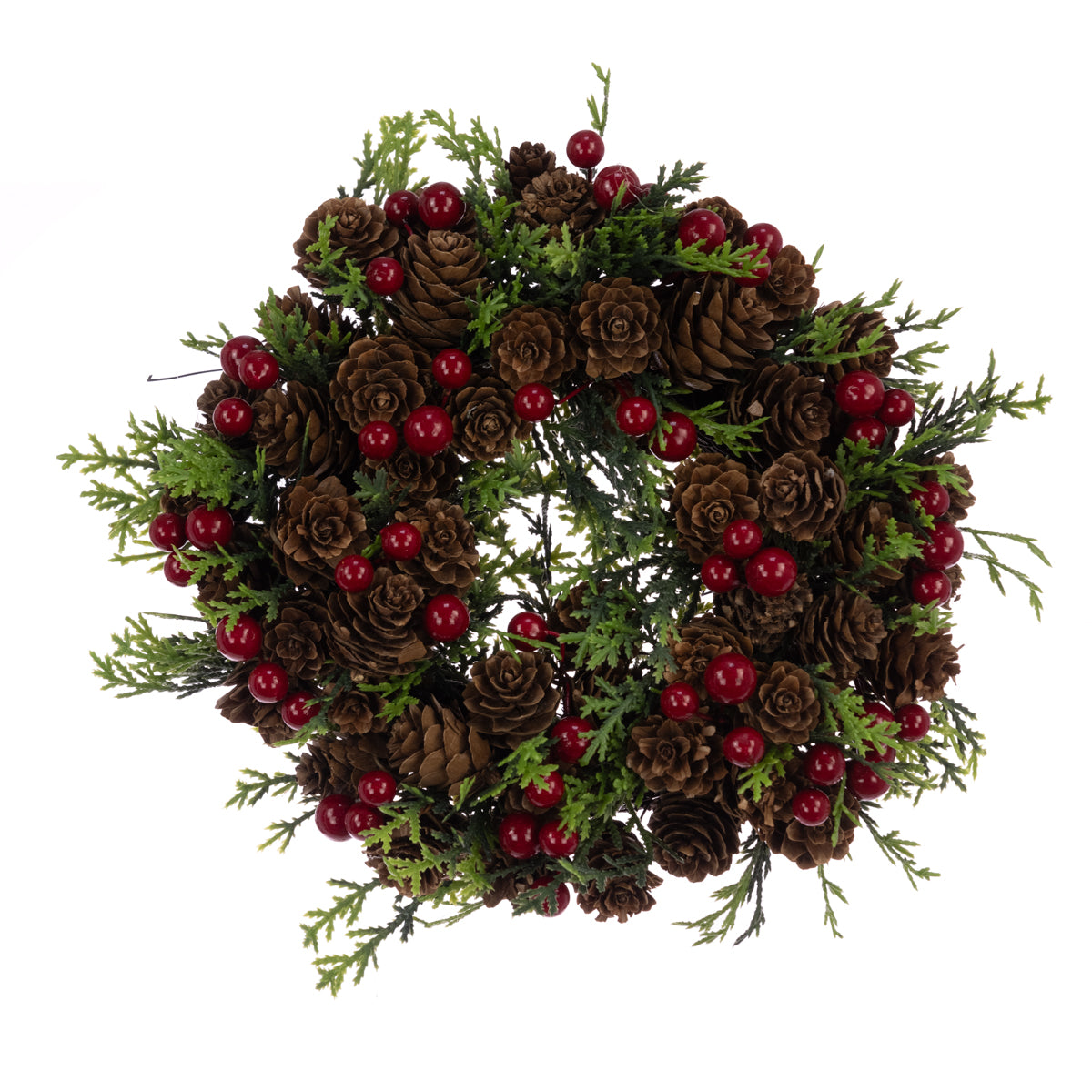 Christmas wreath with pine cones and red berries on a white background