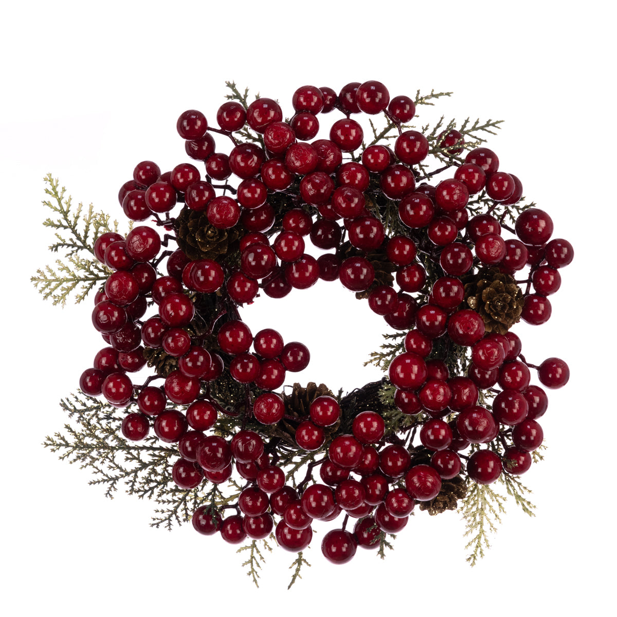 Decorative wreath with red berries and greenery on a white background