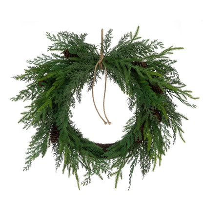 Green wreath with pinecones on a white background