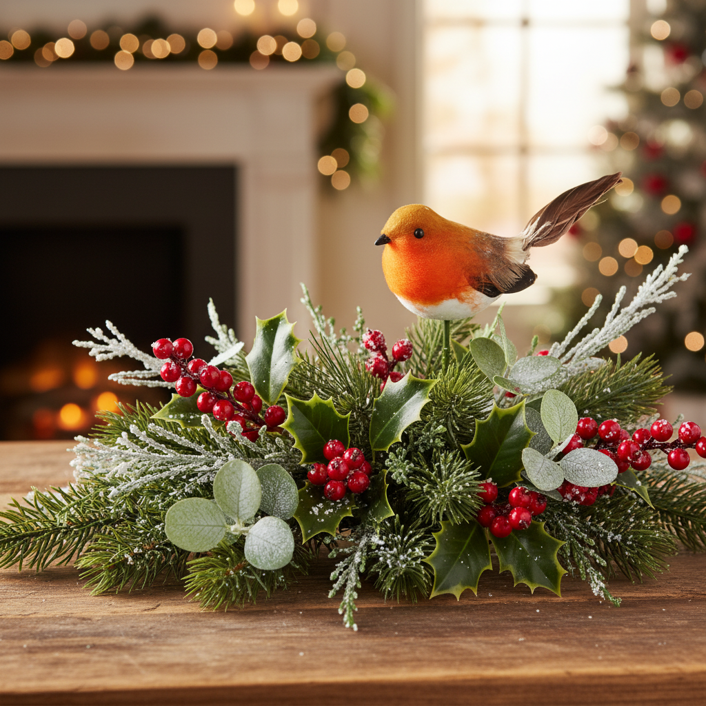 Artificial robin bird on a green stem against a white background