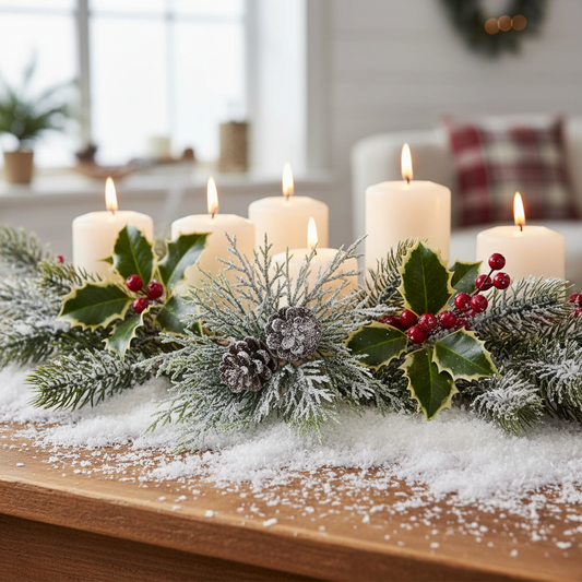Decorative Christmas arrangement with candles and greenery on a wooden surface.