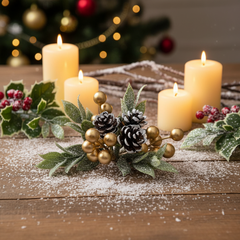 Decorative stem with gold berries, pine cones, and green leaves on a white background