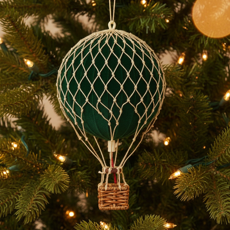 A green velvet hot air balloon with a net-like pattern and a wicker basket at the bottom.