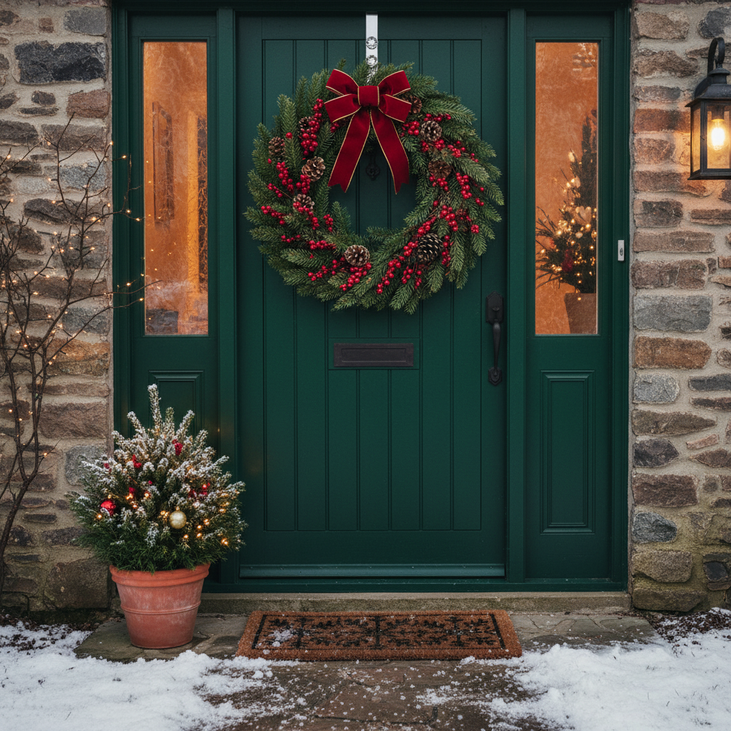 A silver jingle bell wreath hanger with a series of jingle bells attached to a straight metal rod, against a white background.