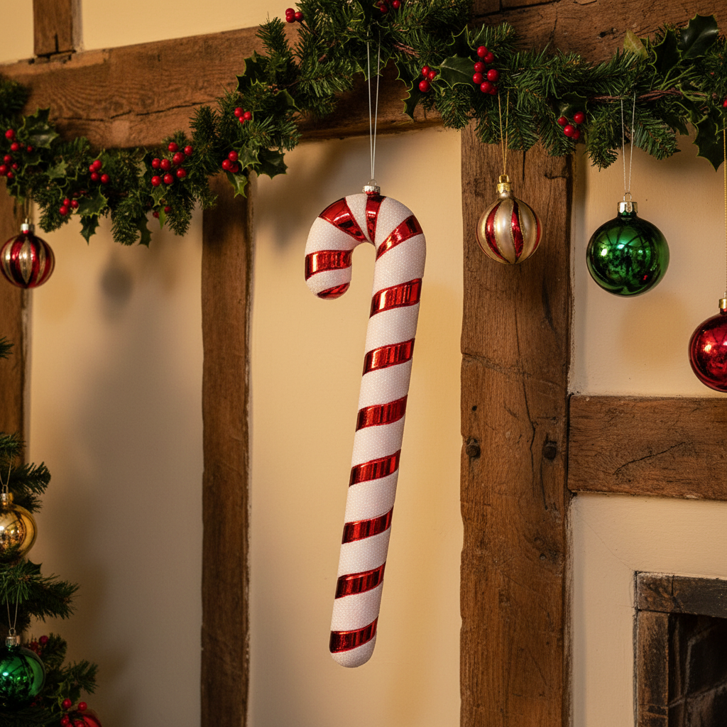 A 91cm tall candy cane with red and white glitter stripes hanging from a hook on a pink fuzzy surface.