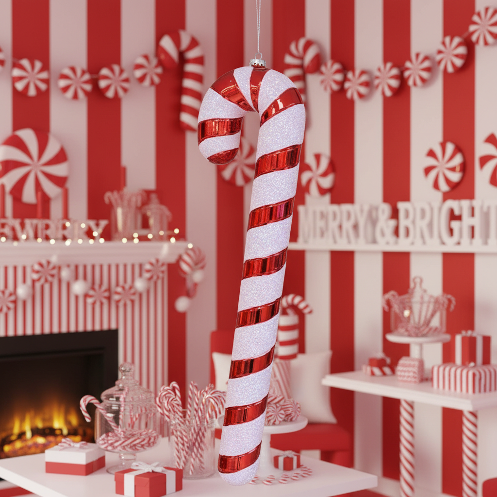 Decorative candy cane ornament hanging on a wooden wall with Christmas decorations.