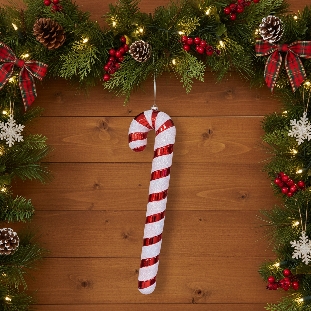 A 91cm tall candy cane with red and white glitter stripes hanging from a hook on a pink fuzzy surface.
